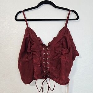 Yozy 14 Burgundy Satin Lace Up Cami Top Ruffle Trim Cropped Sleeveless Tank